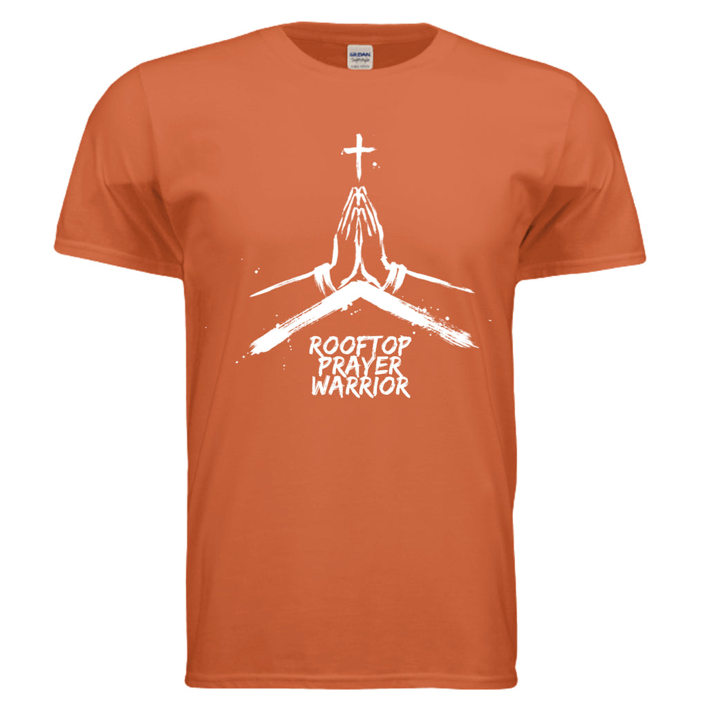 Rooftop Prayer Warrior faith graphic tee in Orange, front view with praying hands and cross design