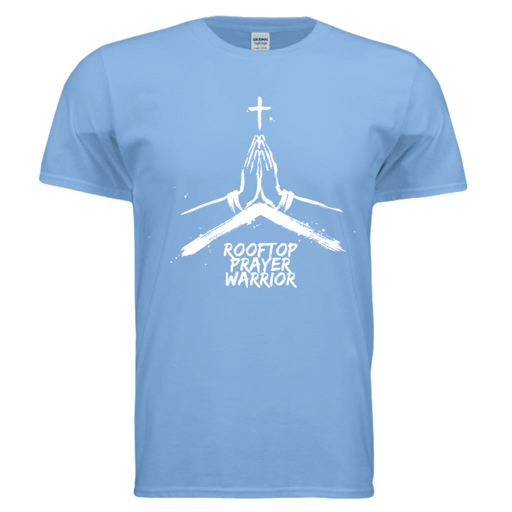 Rooftop Prayer Warrior faith graphic tee in Carolina Blue, front view with praying hands and cross design