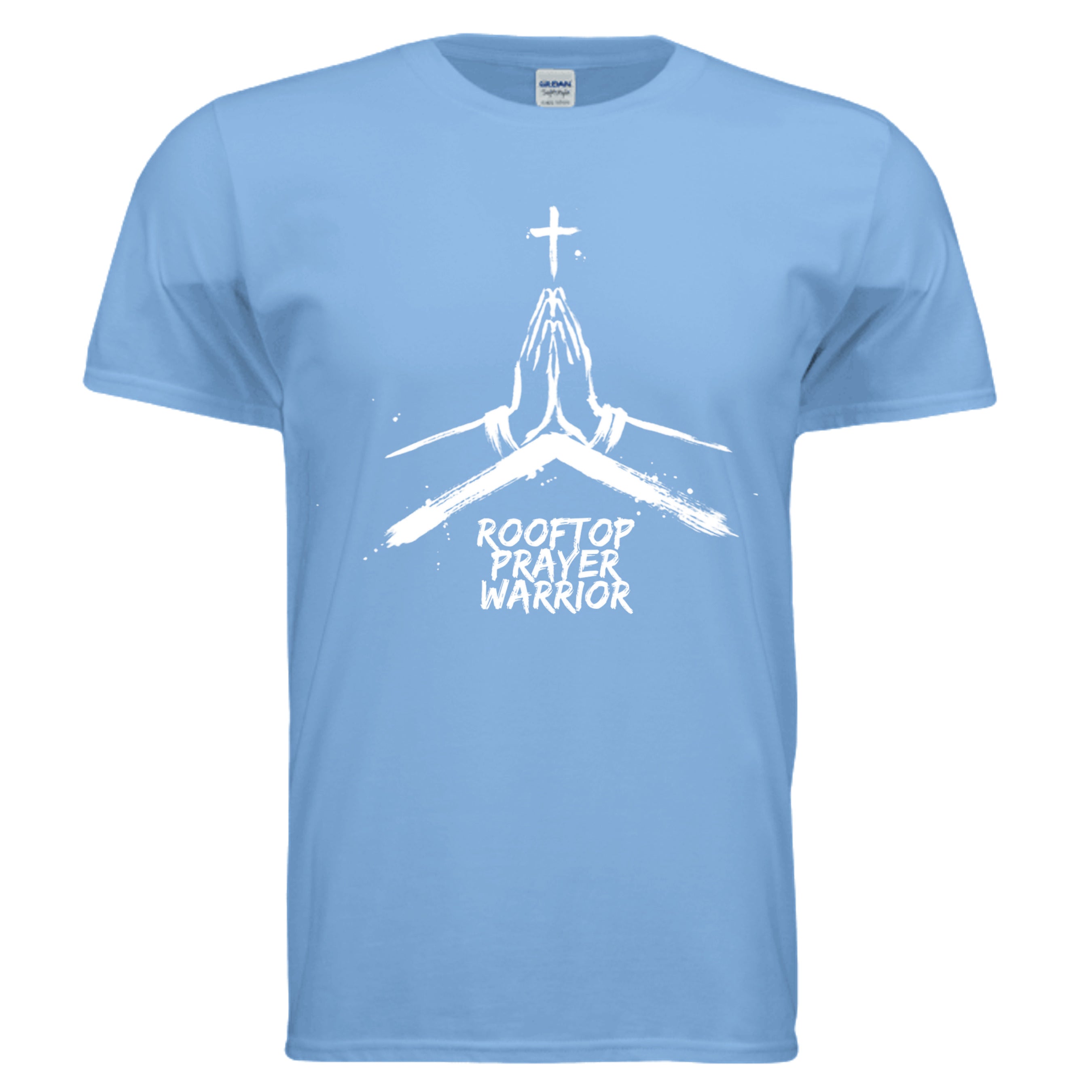 Rooftop Prayer Warrior faith graphic tee in Carolina Blue, front view with praying hands and cross design