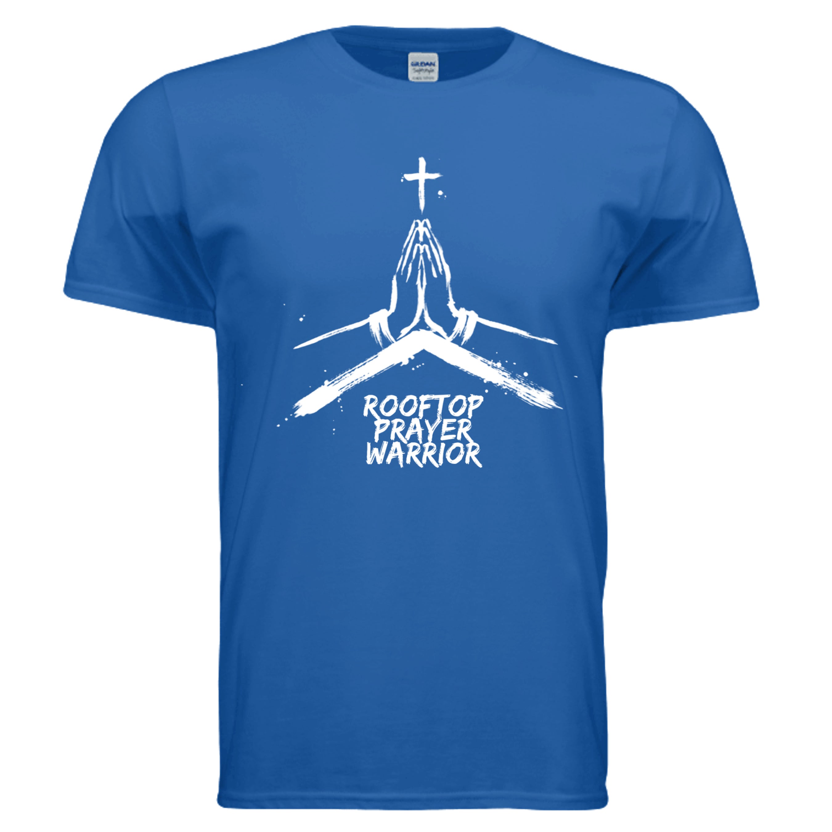 Rooftop Prayer Warrior faith graphic tee in Neon Blue, front view with praying hands and cross design