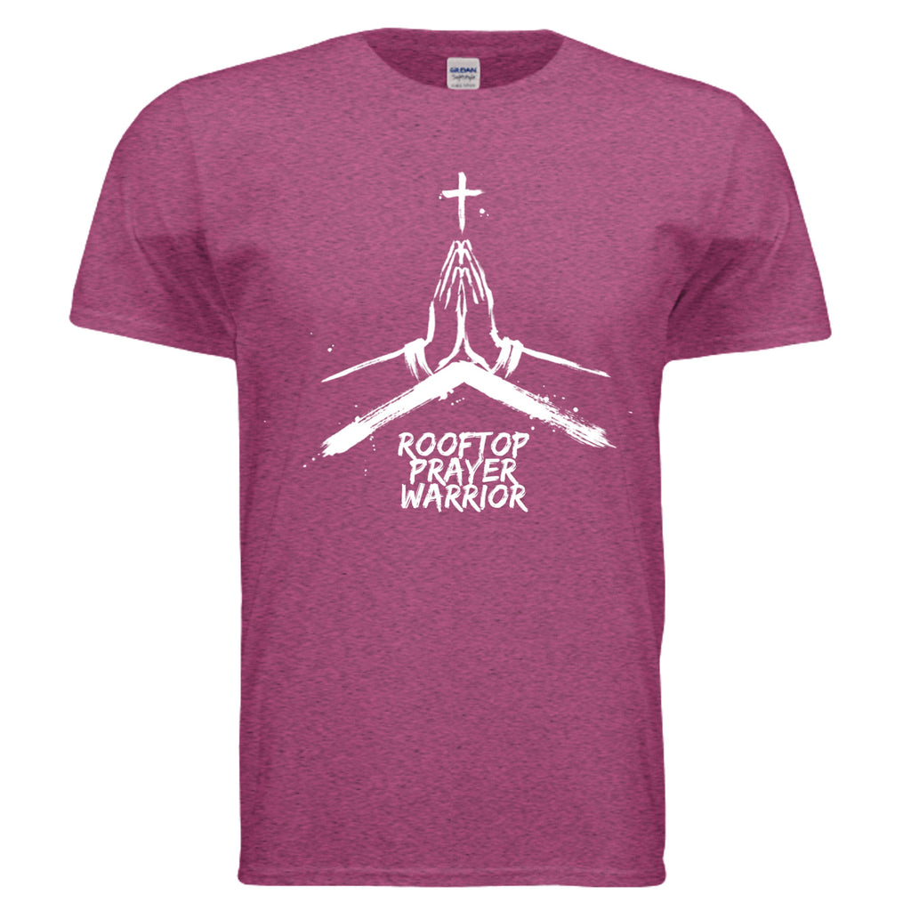 Rooftop Prayer Warrior faith graphic tee in Antique Heliconia, front view with praying hands and cross design