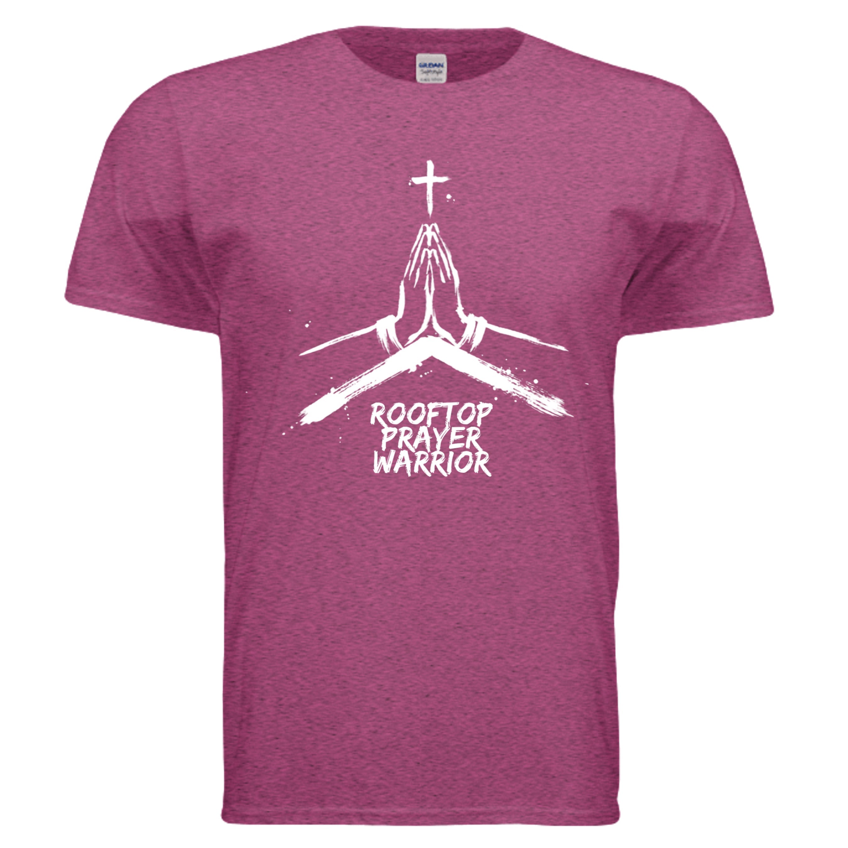Rooftop Prayer Warrior faith graphic tee in Antique Heliconia, front view with praying hands and cross design