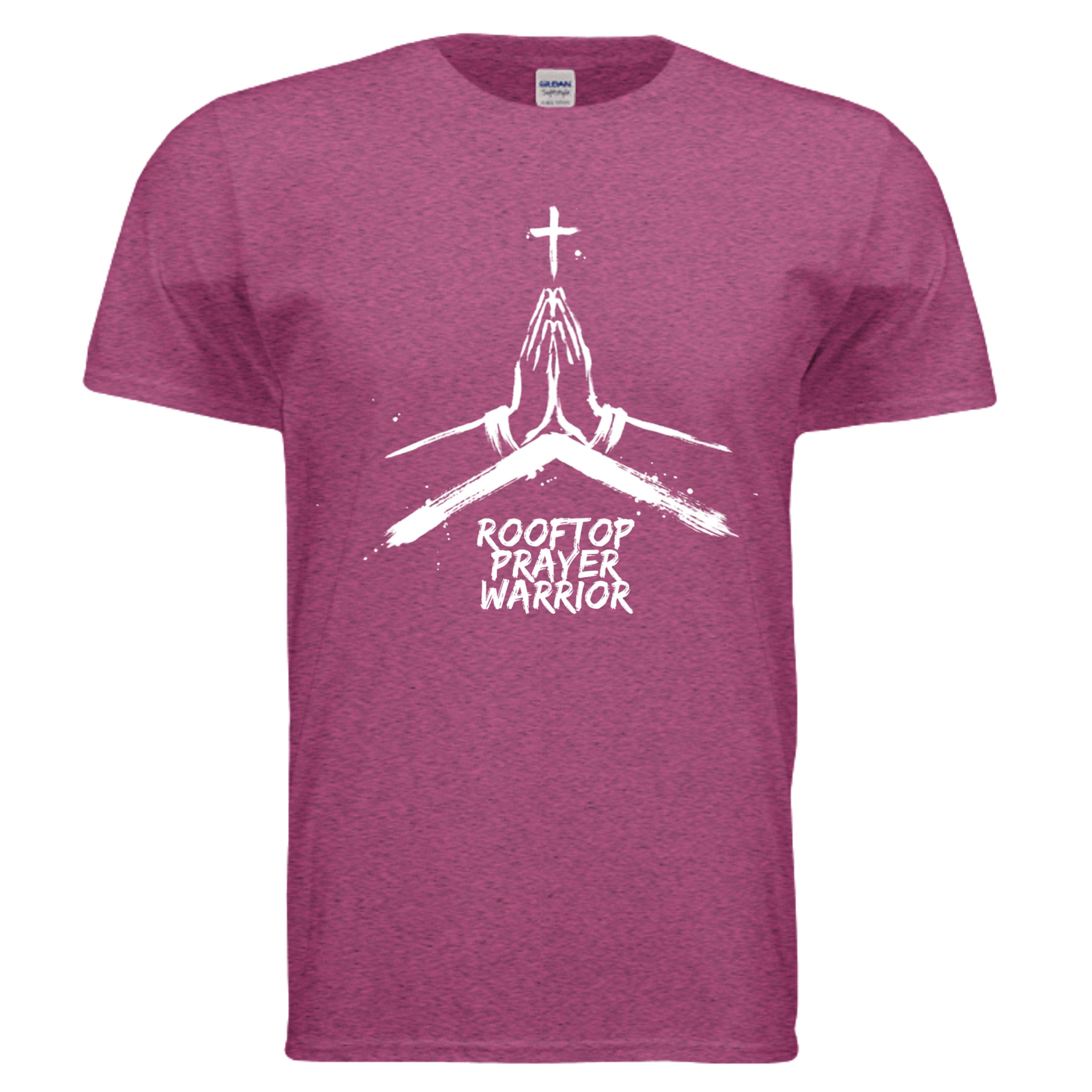 Rooftop Prayer Warrior faith graphic tee in Antique Heliconia, front view with praying hands and cross design